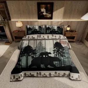 Western Farmhouse Bedding Comforter Sets ,Rustic Cabin Bedding Sets,Hunting Bear Deer Comforter Set,Retro Country Duvet Insert,Western Farmhouse Forest Quilt,Black Brown