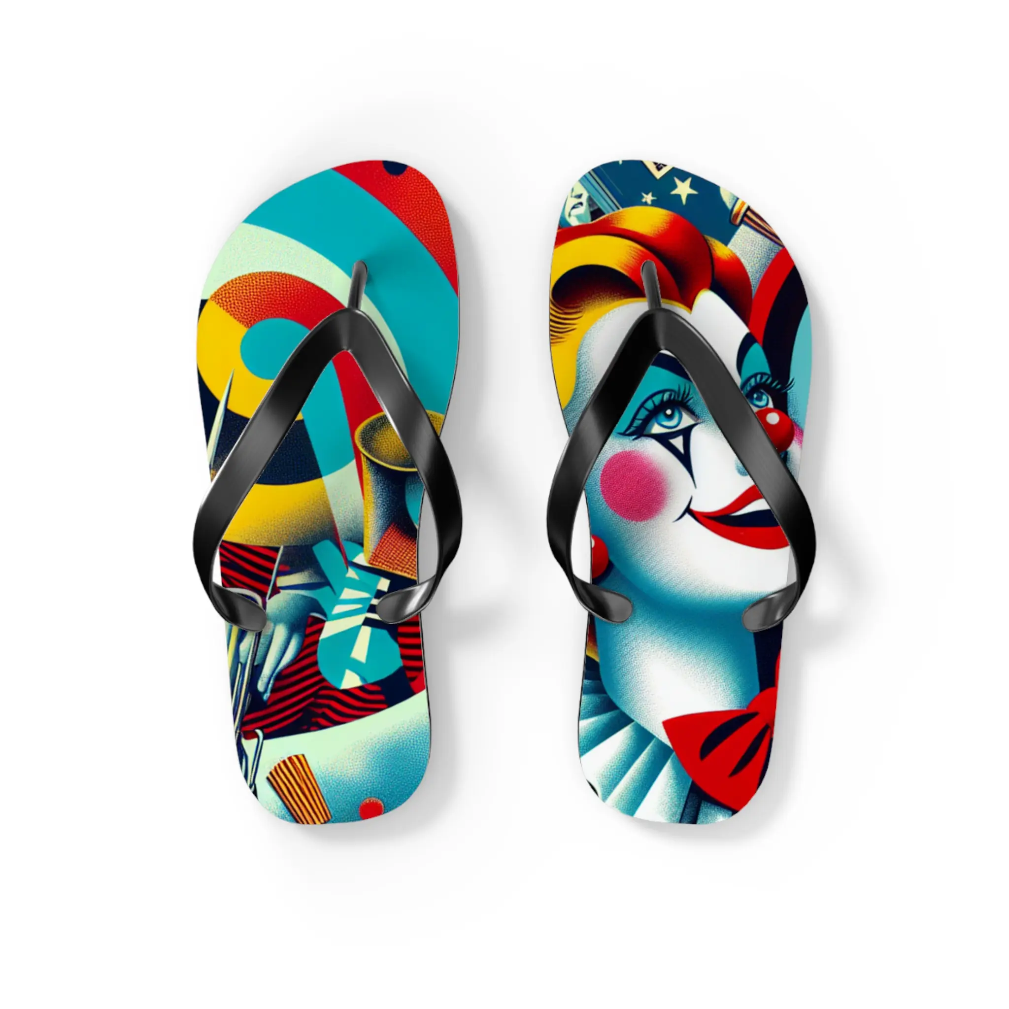 Von Phreak Colorful Vintage Lady Clown Flip Flops, Beach Footwear, Summer Fun Slides, Vacation Sandals, Gift for Pool Lovers (MTO) Soft Walking Shoes Comfort Lightweight Black Sole Casual Boy Nail