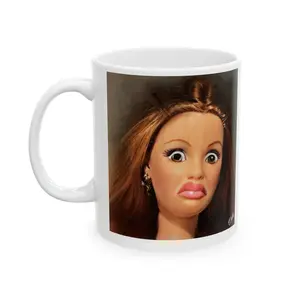 Barbie Disgusted Doll Face Ceramic Coffee Mug, (11oz, 15oz) Funny Meme Cup, Ugly Doll Face Cup, White Coffe Mug