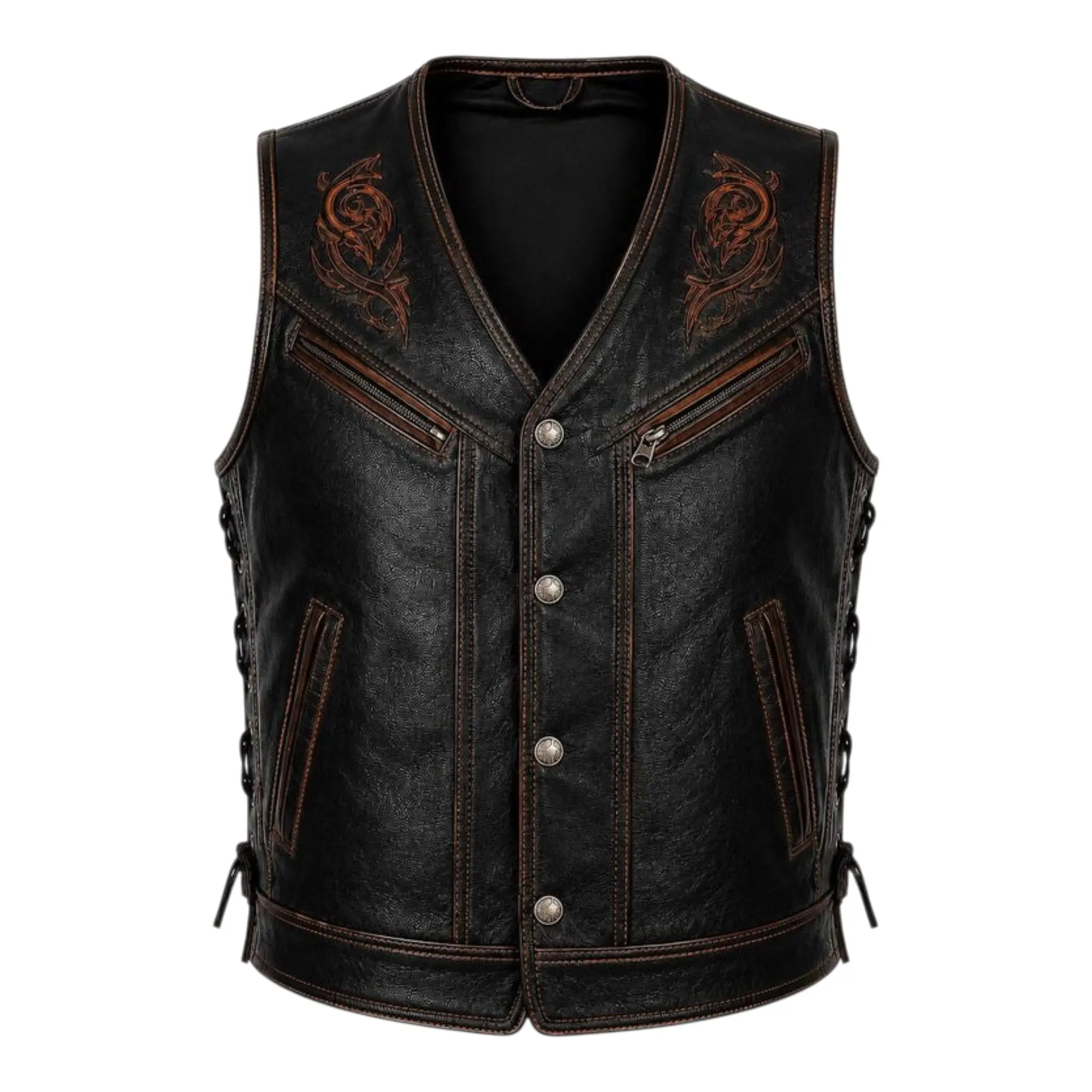 Mens Embroidered Genuine Leather Biker Vest Black Lace Up Western Riding Vest