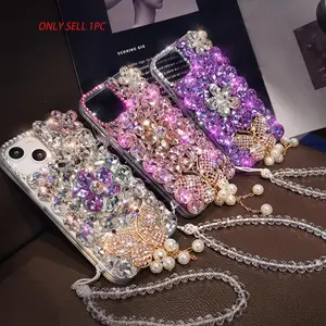 Rhinestone Decor Phone Case with Lanyard, 1 Count Fashion Phone Protective Cover, Protector, Durable Protection, Phone Accessories Compatible with iPhone 11 12 13 14 15 16 Pro Max/Pro/Plus, Casing
