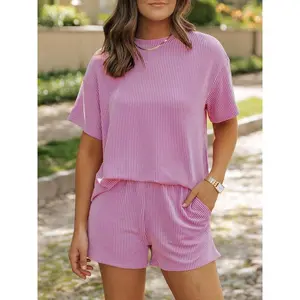 Women's Solid Textured Pocket Shorts Set, Casual Short Sleeve T-shirt & Elastic Waist Shorts, Women's 2 Piece Sets, Ladies Summer Clothes for Daily Wear