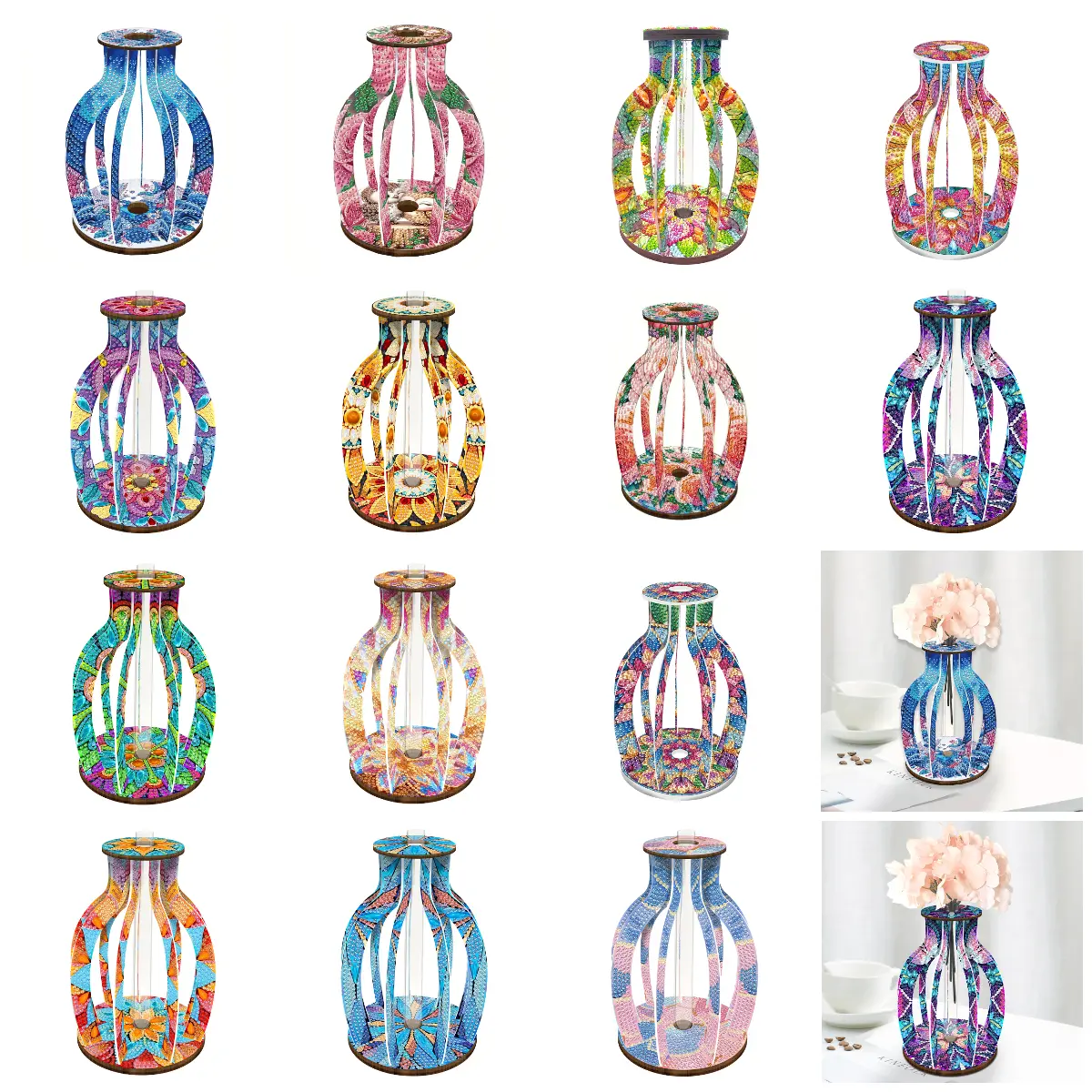 DIY Wood Colorful Diamond Painting Flower Vase Ornaments for Home Office Decor
