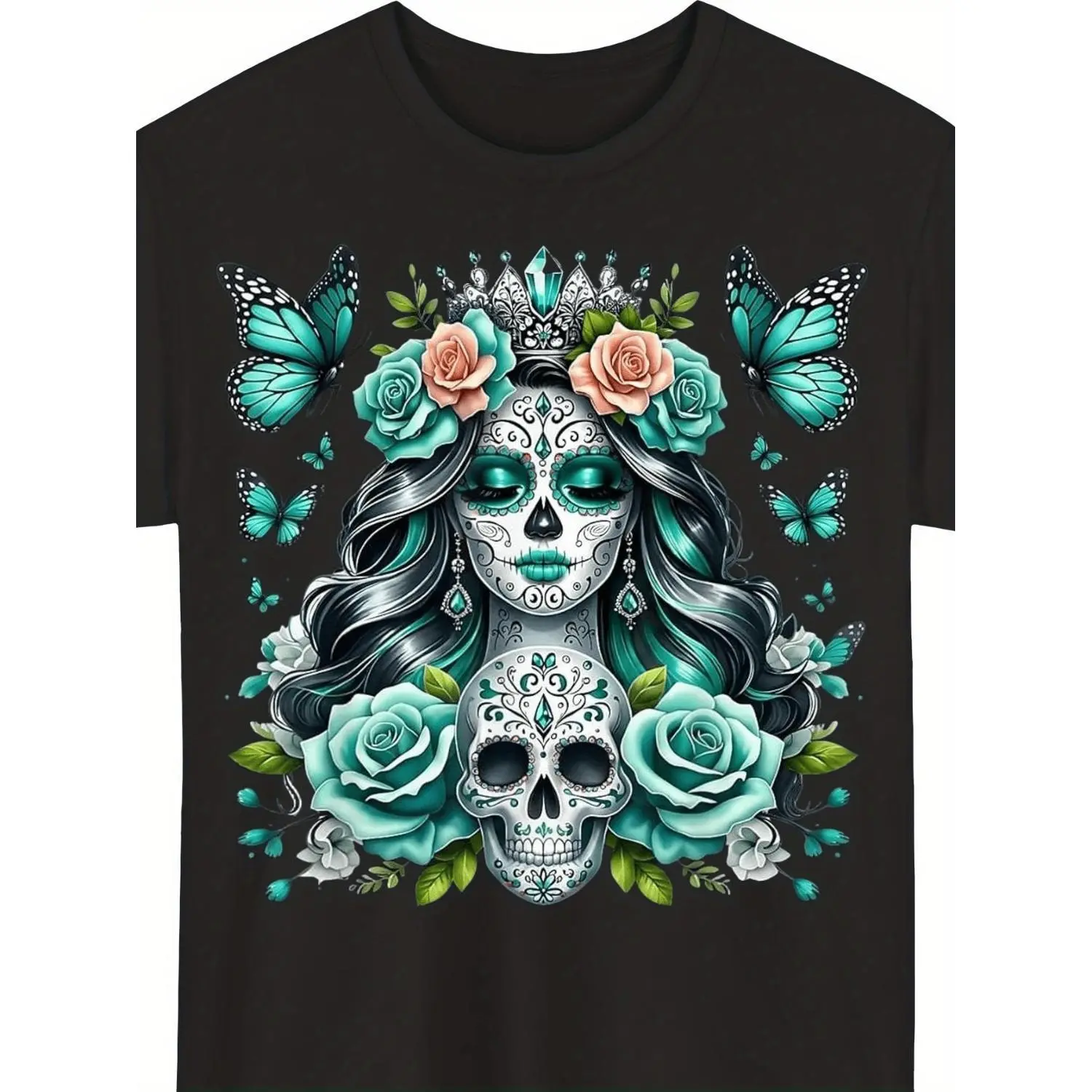 Women's Short-Sleeve Cotton T-Shirt, La Catrina Sugar Skull Day of the Dead Design, Round Neck Casual Top, All-Season Comfort
