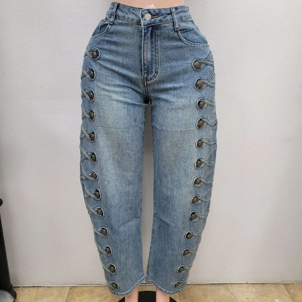 Women's Napoleon Denim Jeans, Featuring Decorative Side Braiding and Silver-Tone Metal Buttons
