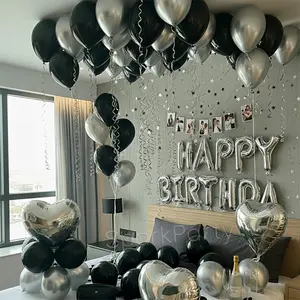 46pcs Silver Decorative Balloons Set, Balloon Decorations Kit, Balloon Party Supplies, 16 Inch Happy Birthday Banner, 18 Inch Heart Shaped Balloon, Perfect for Men Boys Birthdays