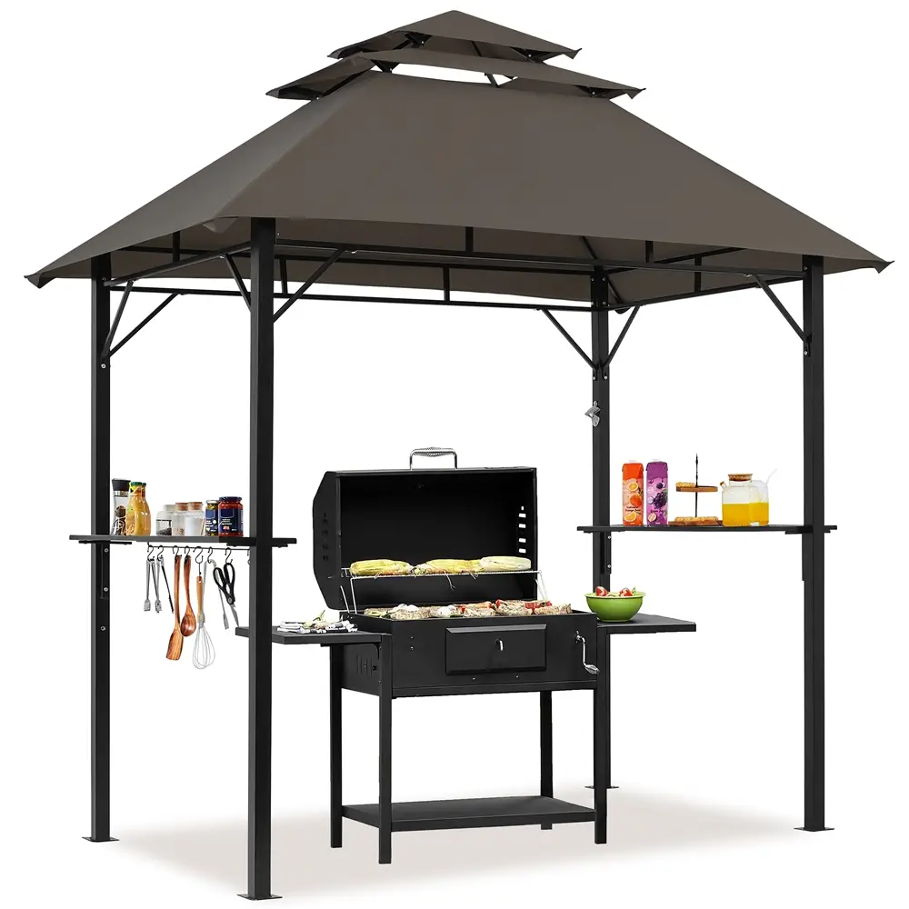 Yaheetech 8x5' Grill Gazebo, 3-Tier Outdoor BBQ Gazebo with Height-Adjustable Shelves & 10 S-Shaped Hooks & Built-in Bottle Opener