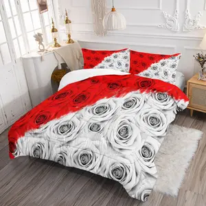 Valentine'S Day Comfortable Bedding Set, Holiday Gift Rose Quilt Set, 2pcs/3pcs Red and White Matching Couple Comforter Set , Suitable for Couple Room Layout, Wedding Room Decoration, Includes 1 Quilt and 1/2 Pillowcase