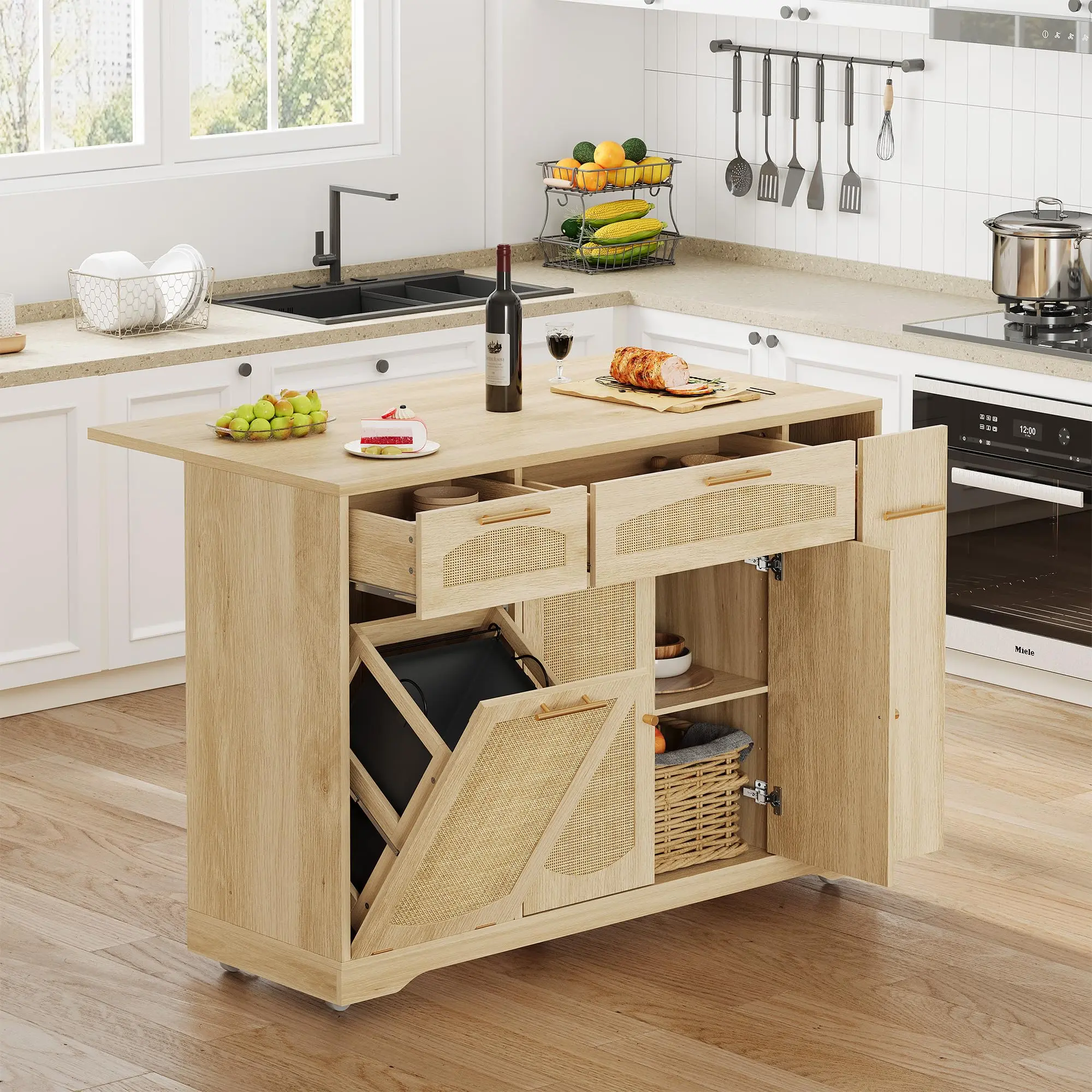Garvee Rolling Kitchen Island Table on Wheels with Drop Leaf, Tilt-Out Cabinet, Storage, Drawer, Spice Rack, and Kitchen Cart - 53.1" Wide, Natural Finish