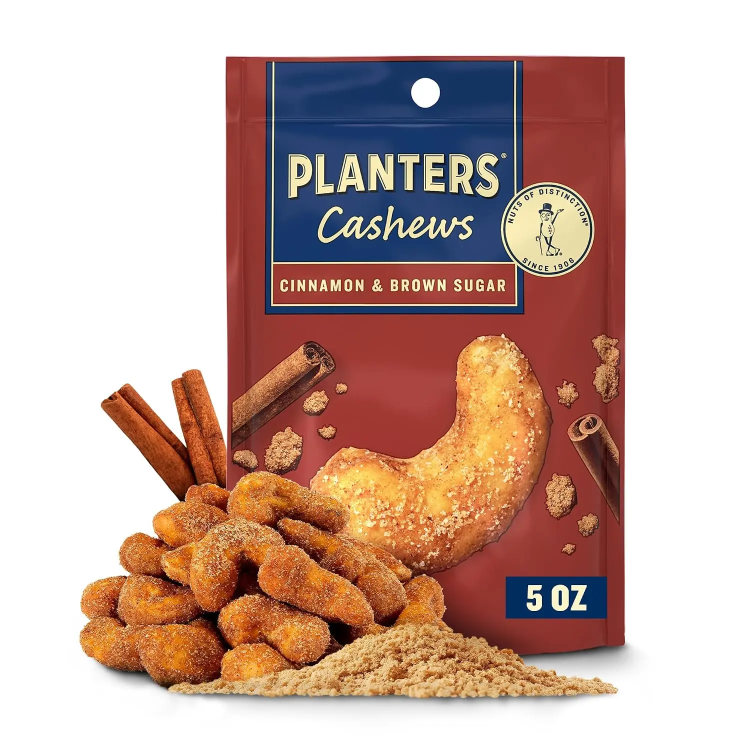 Planters Cinnamon & Brown Sugar Cashews, Plant Based Protein, 5 oz Bag | Whole flavored cashews, Snacks for adults, Plant-based protein snack pack, Resealable bag