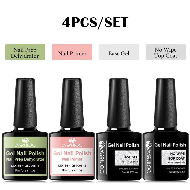 MSRUIOO 4pcs Function Gel Nail Polish Set, Nail Prep Dehydrator & Nail Primer & Base & Top Coat Set, Air Drying Formula, Strong Adhesion, Soak Off UV Varnish for Stronger