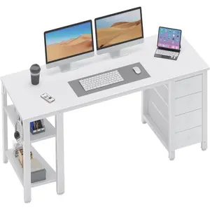 Lufeiya White Computer Desk with Fabric Drawers & Storage Shelves, 55 Inch Study Work Writing Desk for Home Office Bedroom, Simple Modern Cute PC Desks Table, White