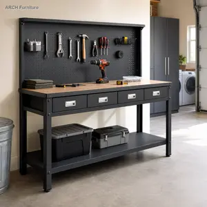 Heavy Duty 63" Steel Workbench with Steel Frame, MDF Top, Drawer, Peg Board, Garage Tool Storage for Mechanics' Workstation Organizer Table