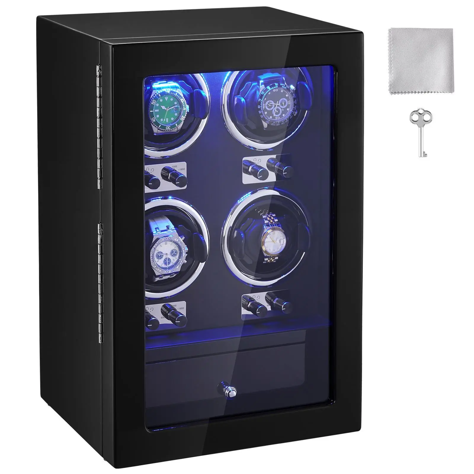 【summerfinds】VEVOR Watch Winder, Watch Winder for 4 Men's and Women's Automatic Watches, with 4 Super Quiet Japanese Mabuchi Motors, Blue LED Light and Adapter, High-Density Board Shell and Black PU