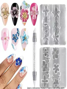 Silicone Nail Art Molds, 2pcs 3D Flower & Cherry Blossom Charms, Carving Pen Included, Clear Modeling Templates for Resin Epoxy, Flower Nails