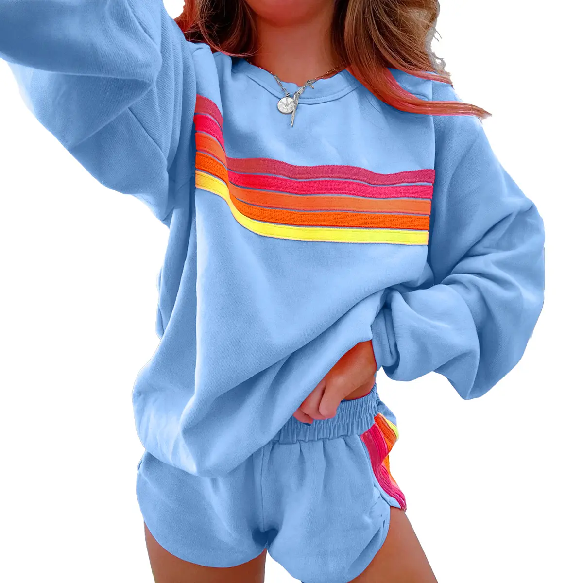 Mntaor Women's  Game Day Winteroutfit Comfy Striped Accent Crew Neck Pullover and Shorts Two Piece Loose Fit Set Pajamas Set Family Matching Set Cotton Fabric Loungewear