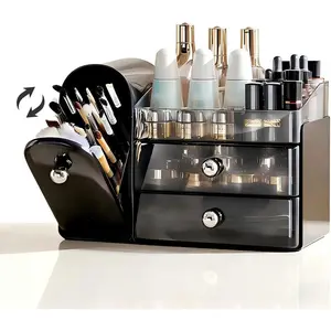Makeup Organizer for Vanity with Covered Brush Holder,Bathroom Organizers with Drawer,Skin Care Organizer,Makeup Organizers for Vanity with Drawer,Large Makeup Storage for Dresser, Black