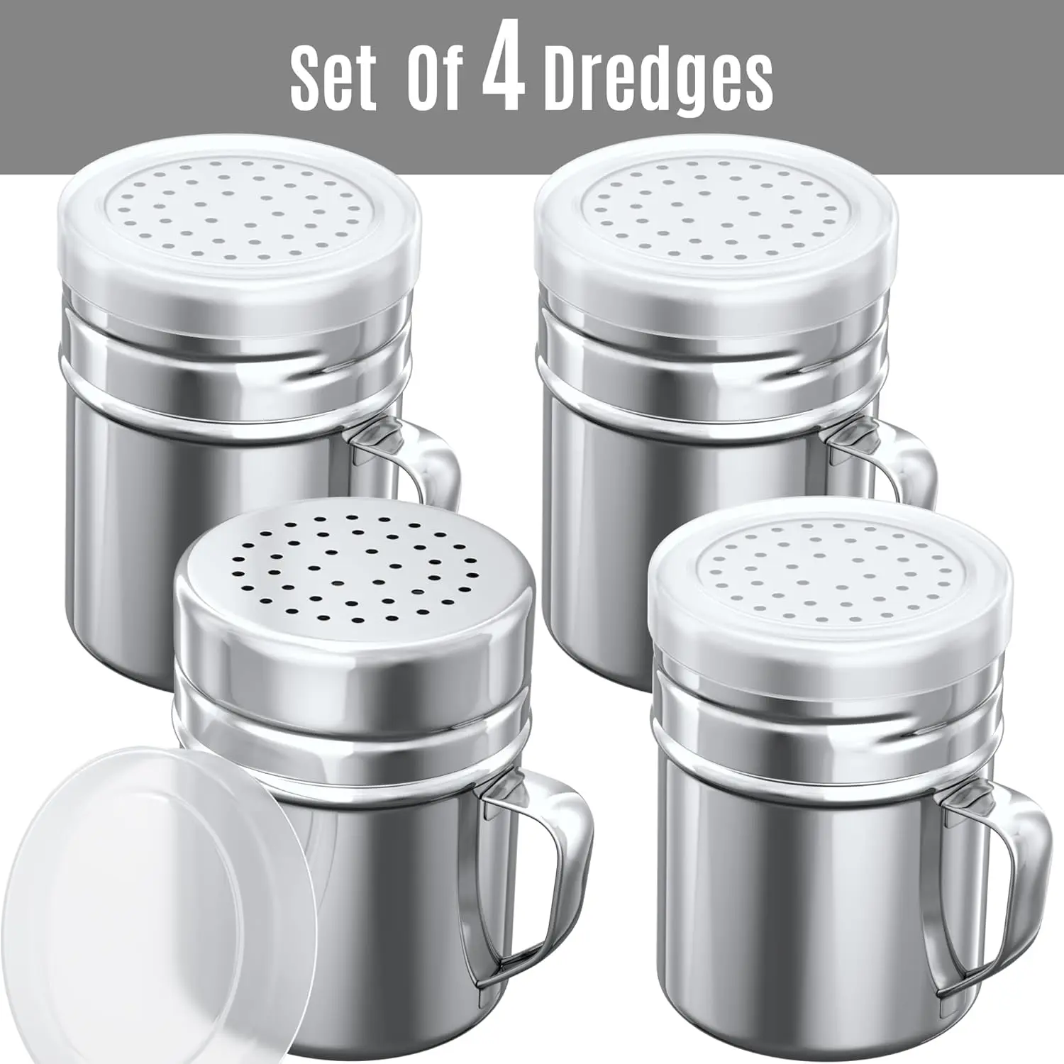 4Pcs Medium Metal Salt Pepper Dredge Shakers - With Handle - Seasonings Spice Shakers With Holes and Lids - 10 Ounce - Home Improvement.