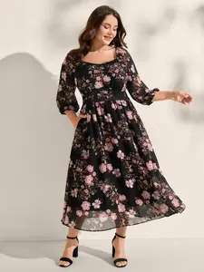 BLOOMCHIC Women's Casual Romantic Floral Print Polyester Chiffon Midi Dress - Heart Neckline, Women's Clothes, Casual Dresses, Clothes