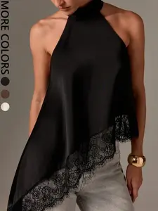 FEITAI Women's Satin Halter Top, Asymmetrical Hem with Lace Trim, Elegant Sleeveless Blouse for Daily