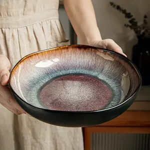[Vintage Ceramic Salad Bowl] Vintage Ceramic Salad Bowl - 9-Inch Unique Irregular Deep Design with Brown-to-Blue Gradient Glaze, Artistic Tableware for Home Dining & Serving, Earthy Tone Kitchen & Dining Essentials