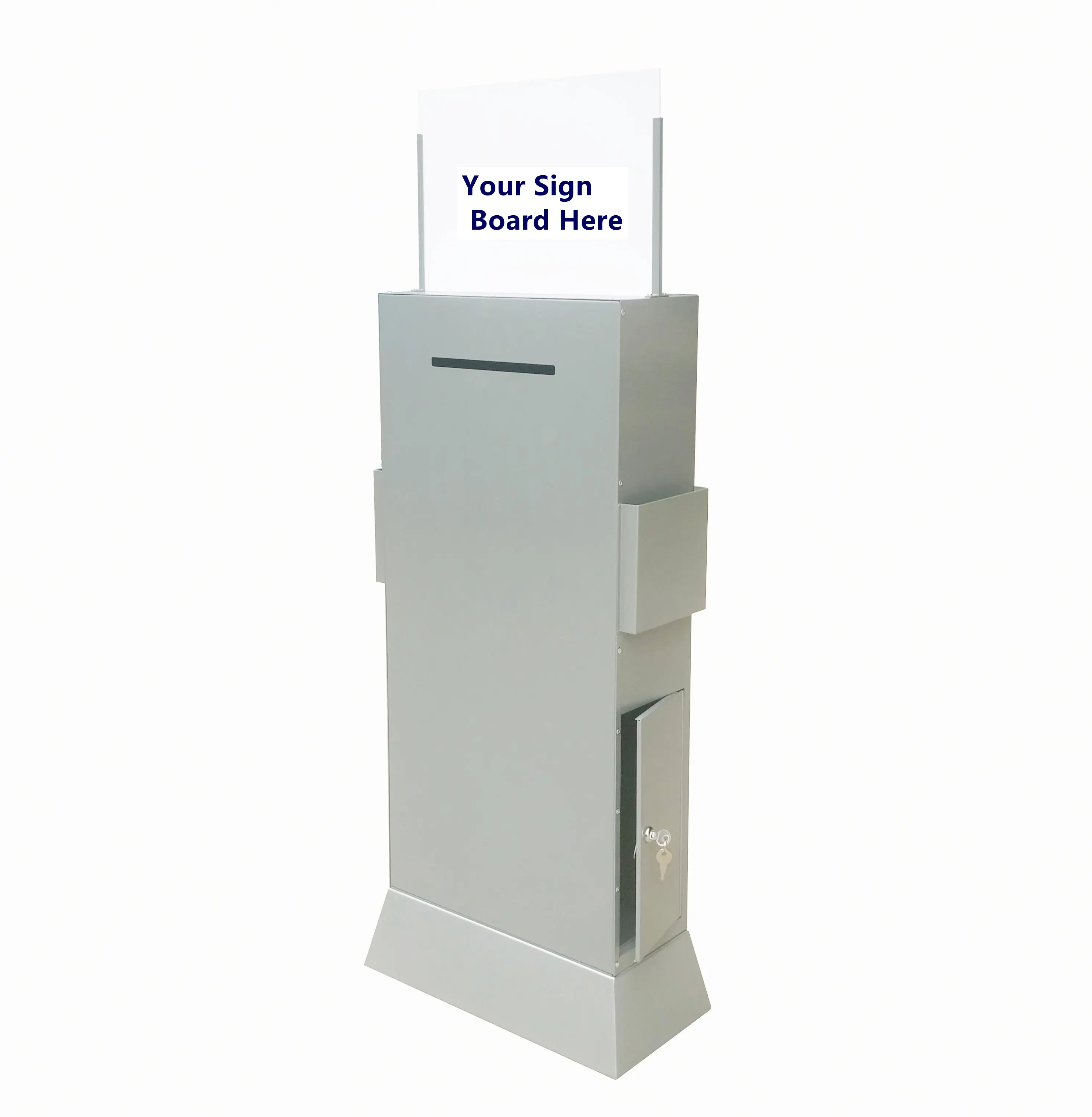 FixtureDisplays Silver Gray Metal Ballot Box w/ Side Pockets, Lockable, 17 x 8.7 Header, Floorstanding - Matte Grey Unique Lock/Keys 119577