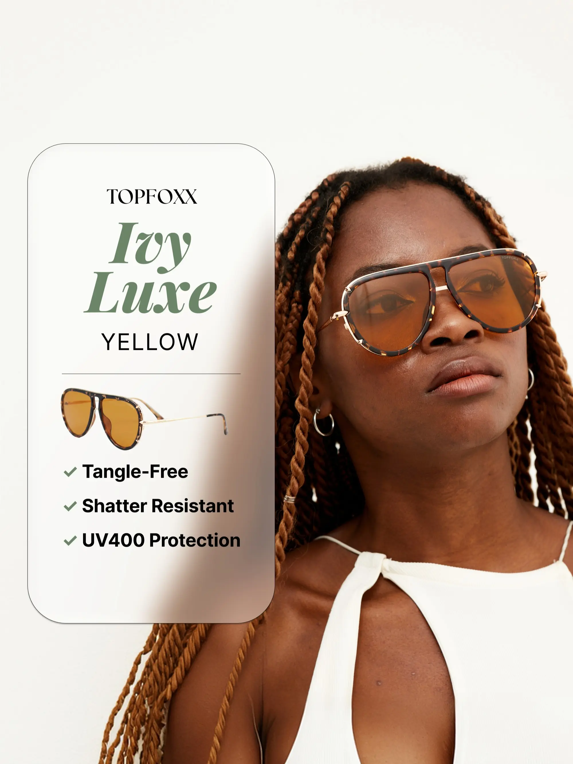 Topfoxx Ivy Luxe Tangle-Free Round Aviator Sunglasses - Yellow - Handmade, Eco-Friendly, Biodegradable - Certified Shatter-Resistant Lenses - UV400 Protection - High Quality Outdoor Fashion Sunglasses for Women & Men - Stylish Accessories