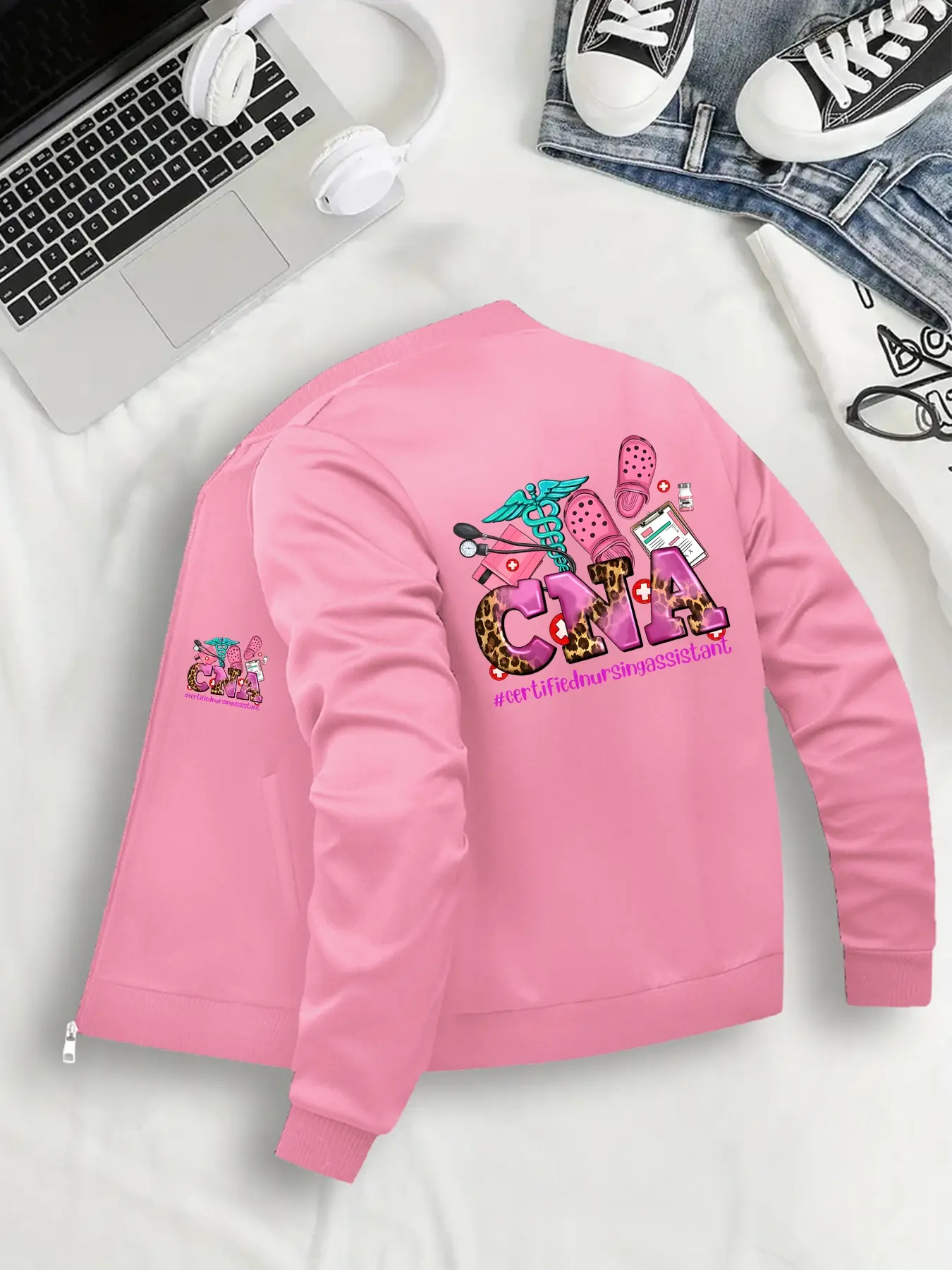 Women's Fashion Baseball Jacket Collared Zip Up Long Sleeve with Cna Certified Nursing Assistant Graphic, Casual Fitted Zipper Pocket Coat, Casual Fashionable Jacket, All Seasons Womenswear Chic Casual Outerwear S-Xxl