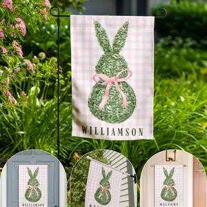 Personalized Easter House Flag, Custom Pink and Green Spring Garden Flag, Topiary Bunny Porch Sign Welcome Banner, Easter Bunny Door Hanger