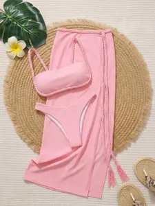 EDOLYNSA Pink wrapped bikini set swimwear Swimsuit Bathing Suit Outfits Soft Cover-Up pretty Split skirt beach wear cozy Elastic waist sexy vacation outfit K276 Bandeau Bikini
