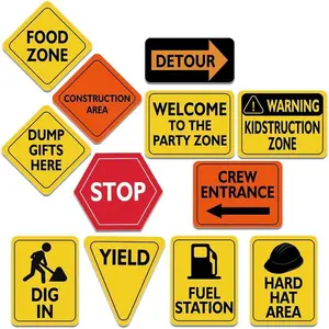 Construction Party Decorations - 12 PCS Construction Birthday Party Supplies for Boys Kids Truck Birthday Cutouts Traffic Road Signs for Under Construction Party Shower Decorations