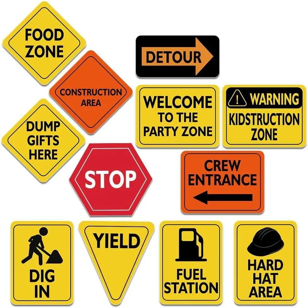 Construction Party Decorations - 12 PCS Construction Birthday Party Supplies for Boys Kids Truck Birthday Cutouts Traffic Road Signs for Under Construction Party Shower Decorations