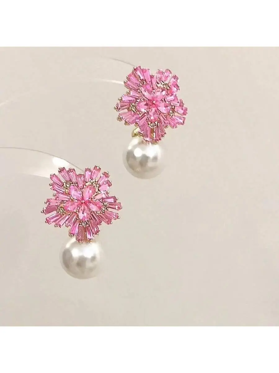 Women's Pink Rhinestone Artificial Pearl Drop Earrings with Diamond Pearl Accents & Metal Coating - Flattering for Square,Round Faces, Ideal for Daily Work-Commuting, Perfect Gift for Friends,Girlfriends, Female