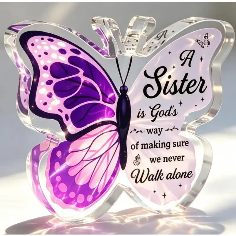 Personalized Laser-Engraving Heart Butterfly Acrylic Plaque Sign - Lightweight 3.9" x 3.3" Transparent Home Decor Desk Shelf Accessory, "A Sister is God's Way" Birthday Keepsake Gift, Gifts