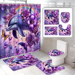 Mist Flower Dolphin Shower Curtain Set, Bathroom Decor, Includes Bath Mat, Toilet Pad, U-Shaped Pad, Elegant Bathroom Essentials