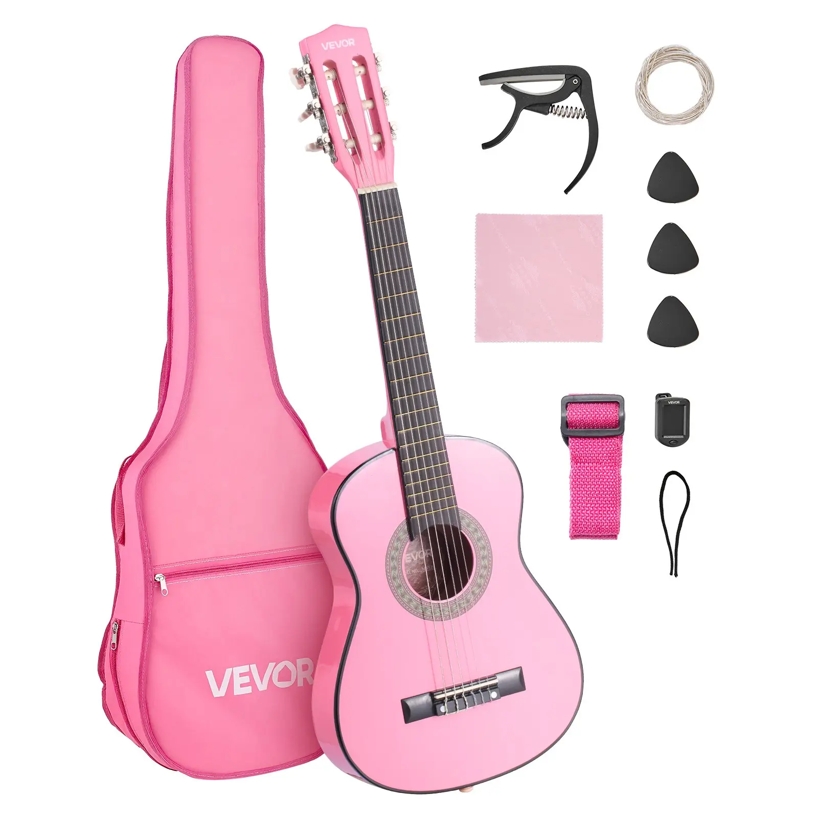 Summerfinds 30-Inch Basswood Body Classical Guitar Complete Kit for Beginner Kids - Nylon Strings, Gig Bag, Strap, Tuner, Extra Strings, Picks, Capo, Pink (Father's Day Gift)