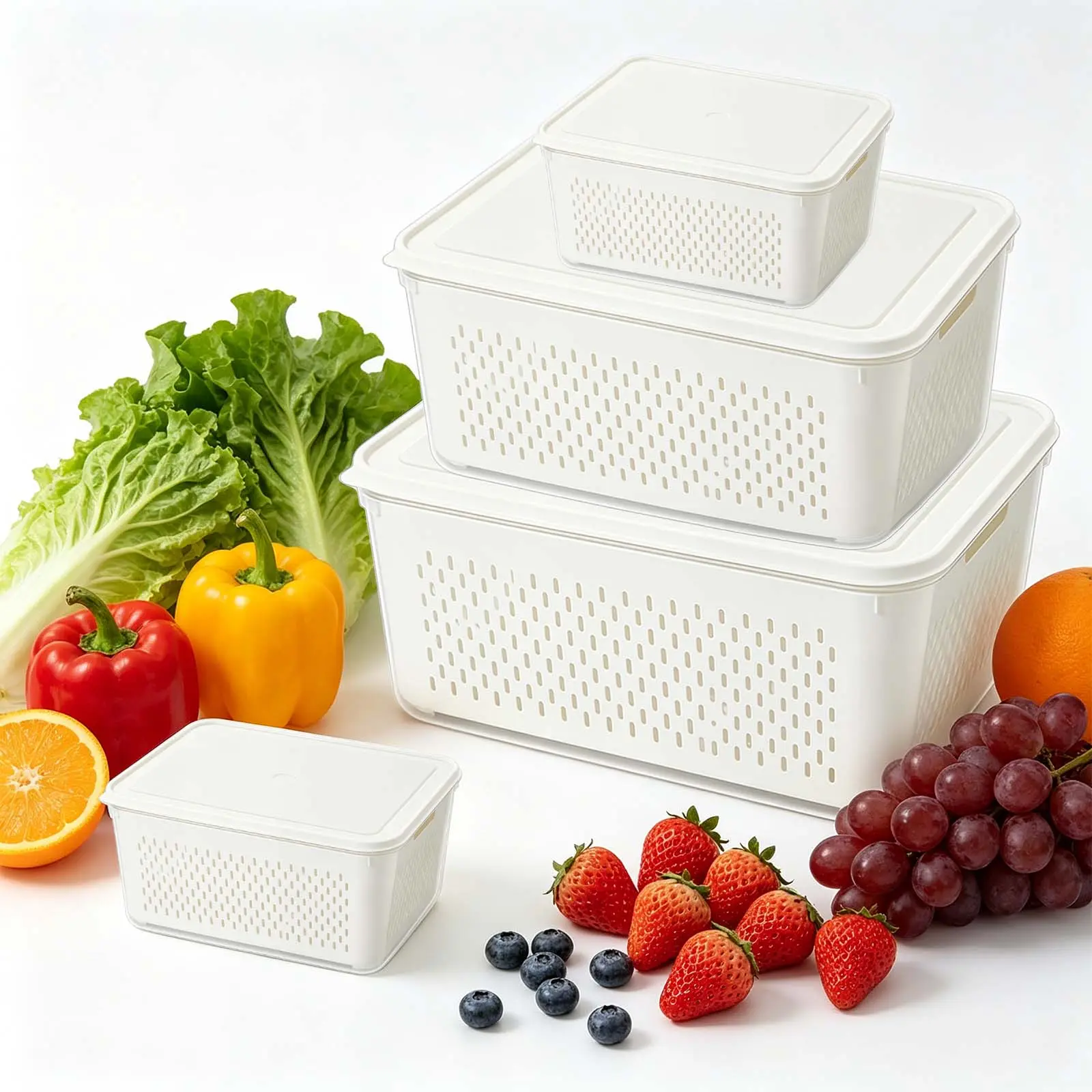 8 PCS Large Fruit Storage Containers 3.5L for Fridge with Removable Colander, Airtight Produce Storage Containers, Berry Keeper Container, Vegetable Storage Container, Leakproof Fridge Organizer Bins with Lids, BPA Free Produce Saver for Refrigerator,summ