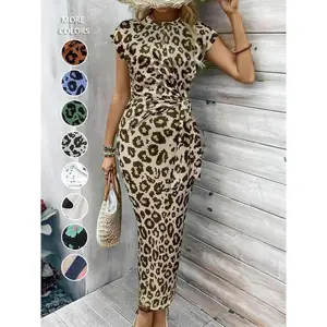 Women's Leopard Print Knot Bodycon Dress, Elegant Butterfly Sleeve Round Neck Long Dress for Party Holiday Wedding Guest, Ladies Summer Clothes, Elegant Dress Women（gift）