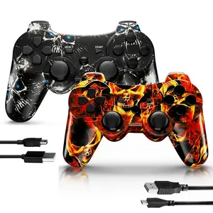 2 Pack ISHAKO Wireless Game Controller for PS3/PC, Wired for PS2, Gaming Accessories, With Double Vibration, Six Axis Gyroscope, Motion sensing, Gamepad, P3 Ghost/Flames