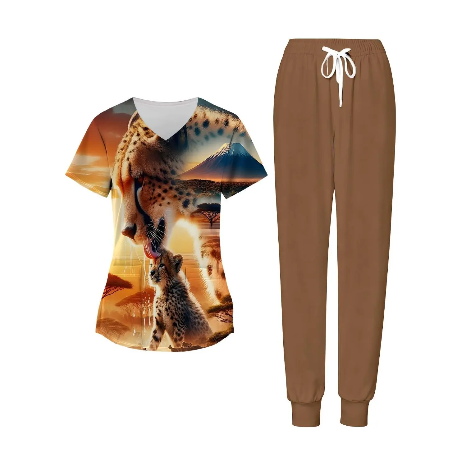 Plus Size Women's 2-Piece Cheetah and Cub Print Safari Scene Nurse Uniform Set - Perfect for Mother's Day, Leisure, Sports, and Gifting