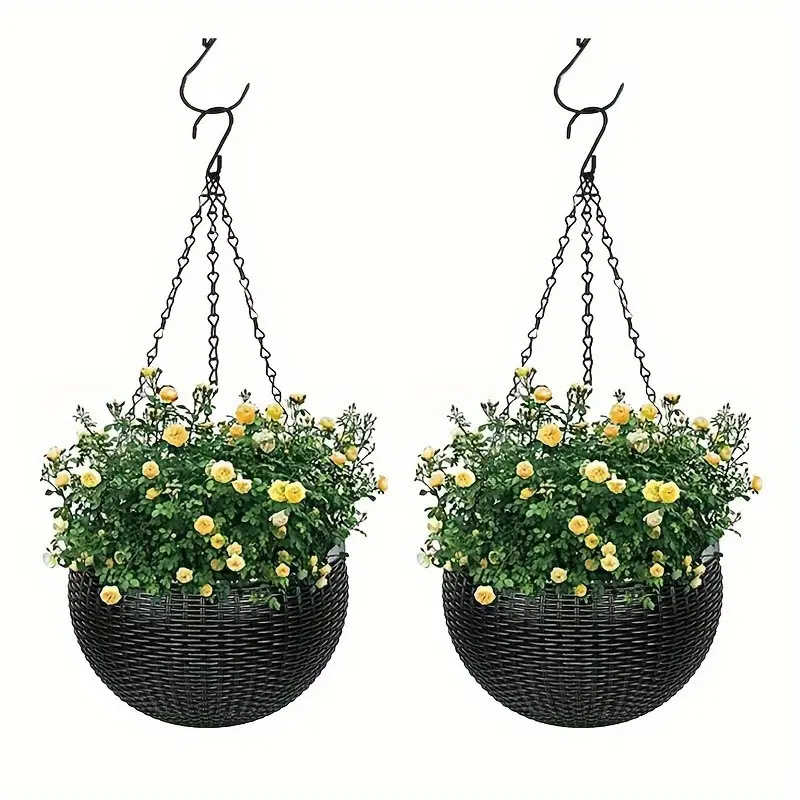 Elegant Polypropylene Self-Watering Hanging Planters, Hanging Plant Pot, Hanging Flower Pots, Garden Pot with Rattan Design - Easy Drain Plug for Efficient Watering, Ideal for Indoor & Outdoor Home & Office Spaces