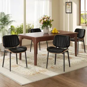 Homeokay Mid Century Modern Dining Chairs, Solid Wood Backrest Modern Metal Chairs, Upholstered PU Leather Dining Chairs with Adjustable Foot Pad for Kitchen Dining Room