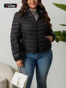 Giolshon Women's Plus Size Autumn Winter Woven Fabric Hooded Puffer Jacket - Casual Fitted Long-Sleeve Short Coat with Pockets, Warm Womenswear Daily Outerwear