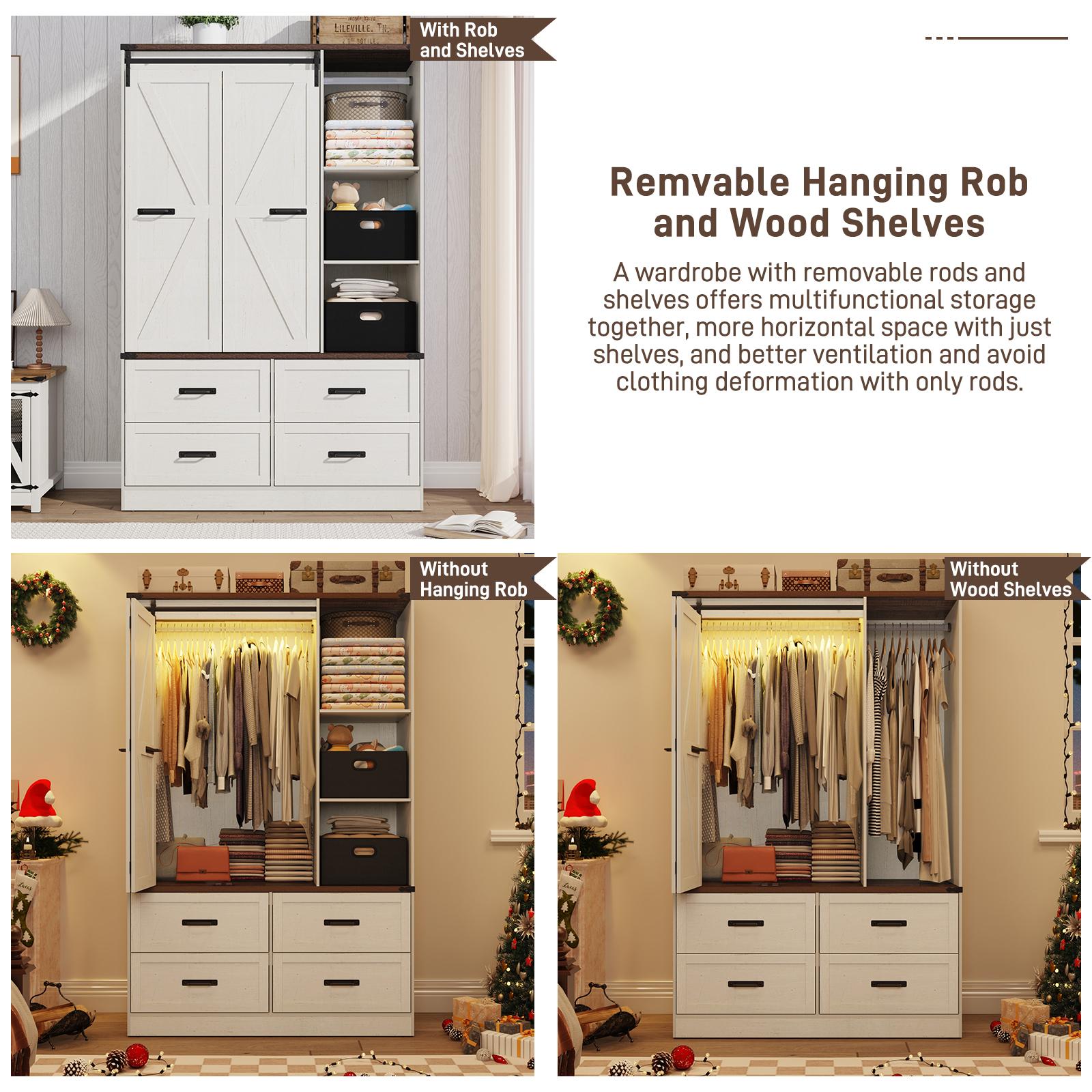 Farmhouse 6 Doors/4 Doors/3 Doors Armoire Wardrobe Closet w/Folding Sliding Barn Door and Lights, LED Armoire Closet w/Drawers for Bedroom, Freestanding Wooden Wardrobe Storage Closets w/Hanging Rod (Antique White/Rustic Brown/Black) Farmhouse 6 Doors/4 Doors/3 Doors Armoire Wardrobe Closet w/Folding Sliding Barn Door and Lights, LED Armoire Closet w/Drawers for Bedroom, Freestanding Wooden Wardrobe Storage Closets w/Hanging Rod (Antique White/Rustic Brown/Black)