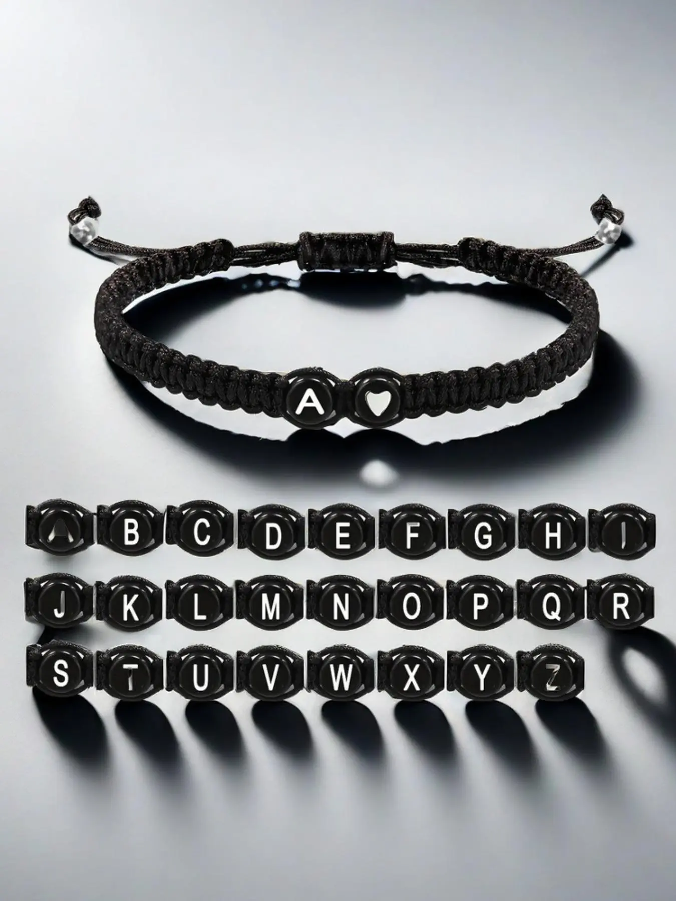 Black and white heart-shaped 26-letter braided hand rope letter link bracelet, Braided Bracelets, Initial bracelet, simple style, customizable letter combinations, suitable for lovers' daily wear, warm token