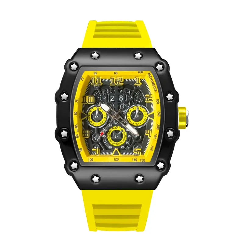 225 Men's Barrel Shape Watches, Yellow Color Male Quartz Wristwatch, Trendy Retro Style Watch For Man, Silicone Strap, Fashion Men Business Watch, Holiday Birthday Gifts