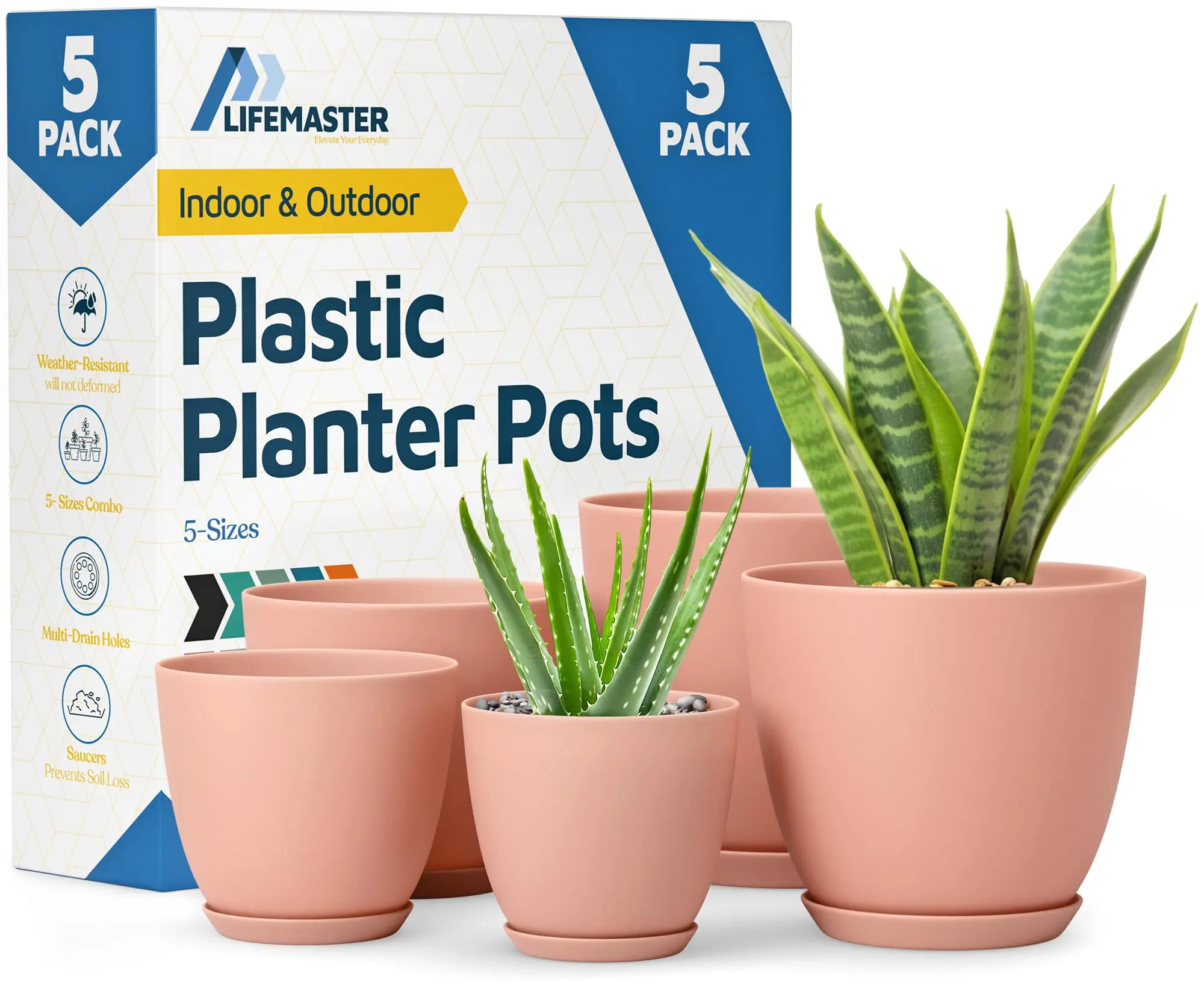 Planter Pots with Drainage Holes - Lightweight, Durable, and Space-Saving Pots for Indoor and Outdoor - Versatile Functionality, Simple Modern Design, Set of 5 Plastic Planter Pots