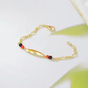 Niche Geometric Smooth Gold Long Bracelet, Retro Red & Black Contrast Round Beads Design, Light Luxury Versatile Jewelry for Women. Delicate minimalist craft, premium texture and comfortable wear. All-match daily wrist ornament, easy to pair with various