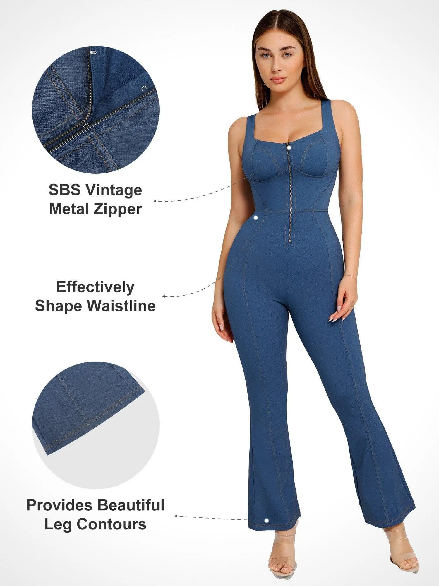 Popilush Shapewear Denim Jumpsuit for Women, Square Neck Sleeveless Tank Top Flare Leg Romper, Comfortable Stretchy Fabric Minimalist Casual Wear--live