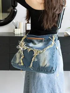 Retro denim distre raw edge design shoulder crossbody bag, pearl chain decoration fashionable, practical, exquisite and versatile, niche design for college students to attend classes, daily commuting, shopping, etc., Denim Shoulder Satchel